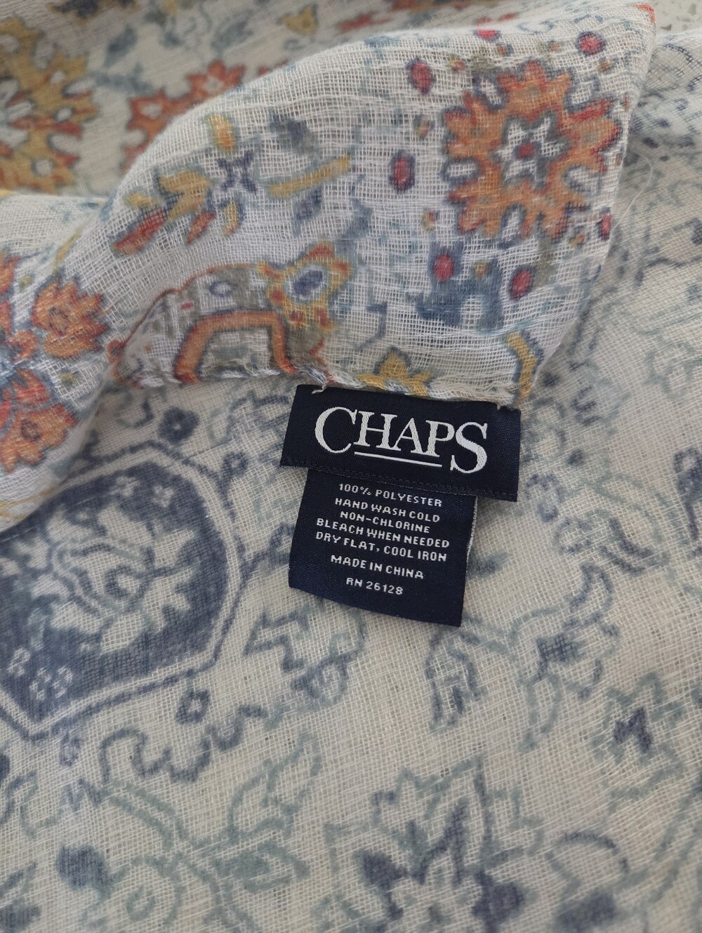 Chaps Woven Fringe Scarf - Cream with Blue & Orange Boho Vibe - Picture 2 of 10